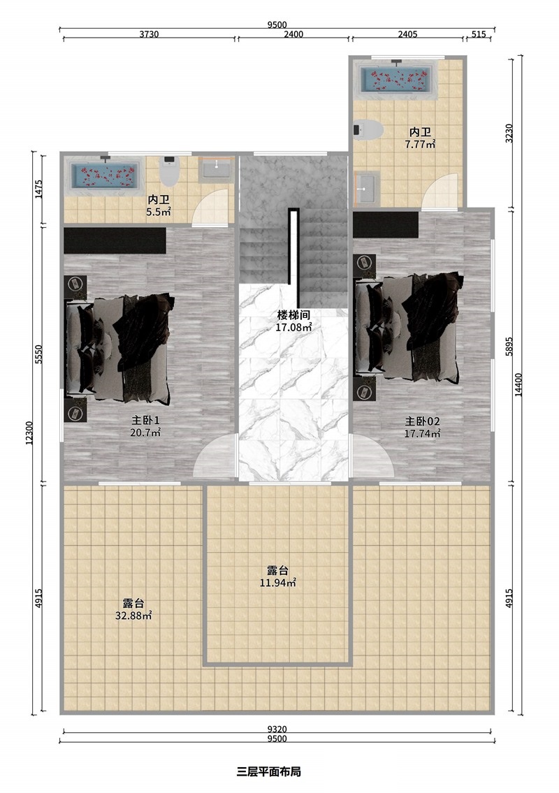 三層中式風(fēng)格輕鋼別墅戶(hù)型+建房配置表【版權(quán)戶(hù)型】(圖4)
